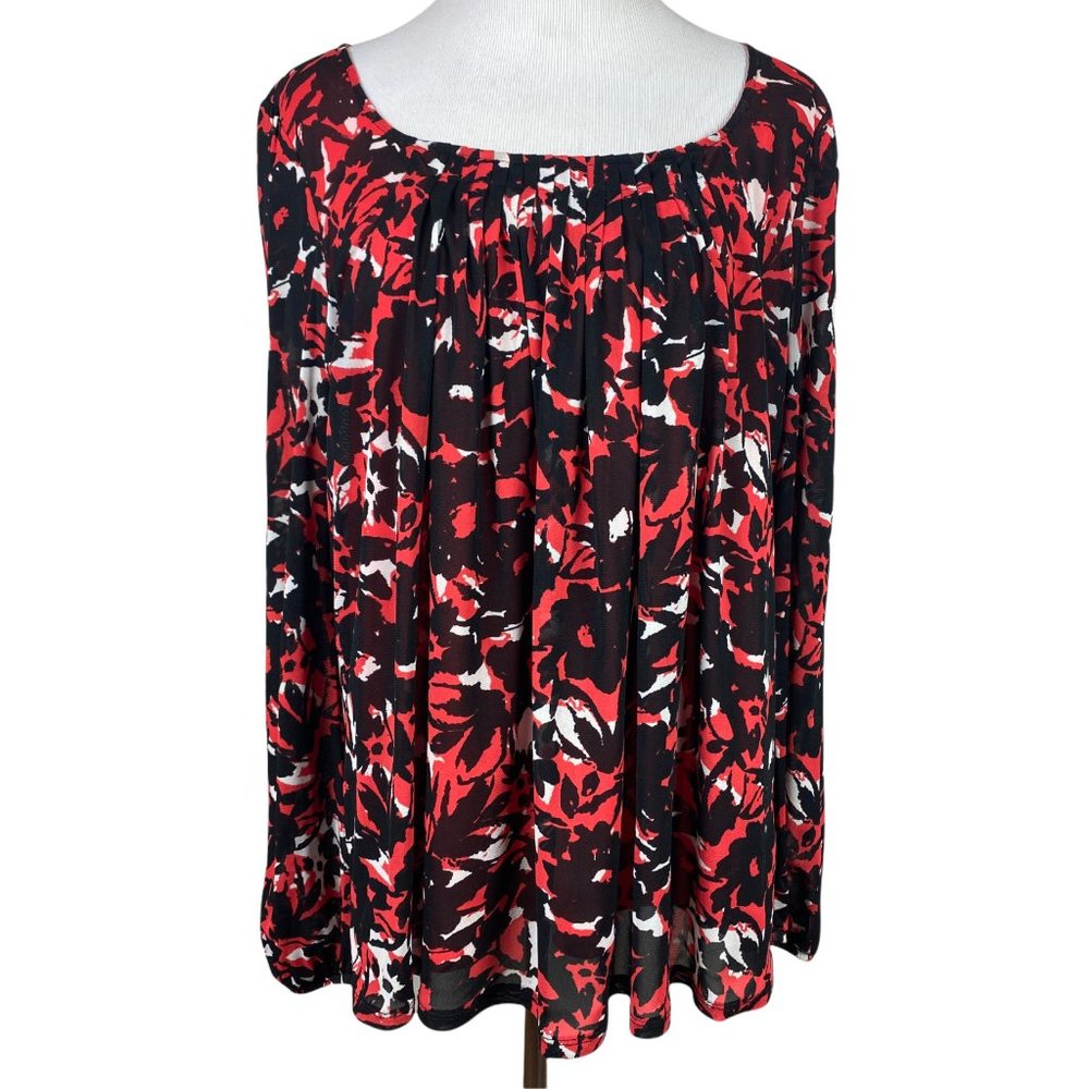 Liz Claiborne Blouse Top Womens Large Red Black Floral Print Long Sheer Sleeve L